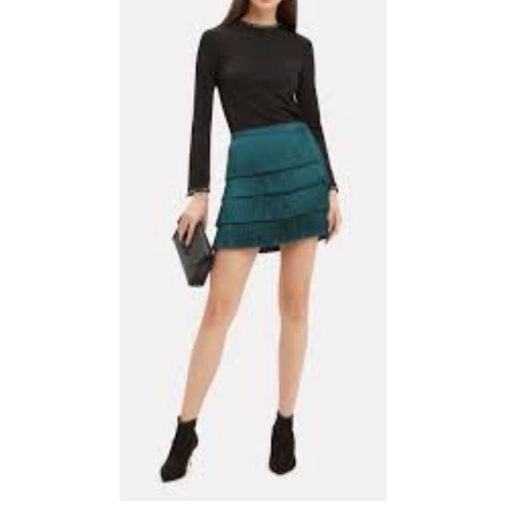 Intermix Raine teal Fringe mini skirt blue grass flapper teal size 6 night club